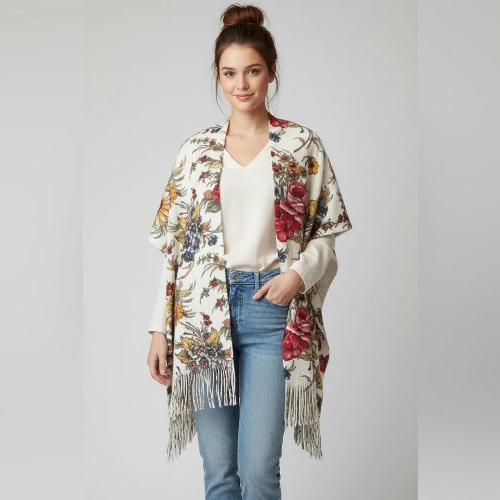 EUC Anthropologie Marseille Floral Fringed Kimono Poncho Shawl O/S Boho Western - Picture 15 of 15